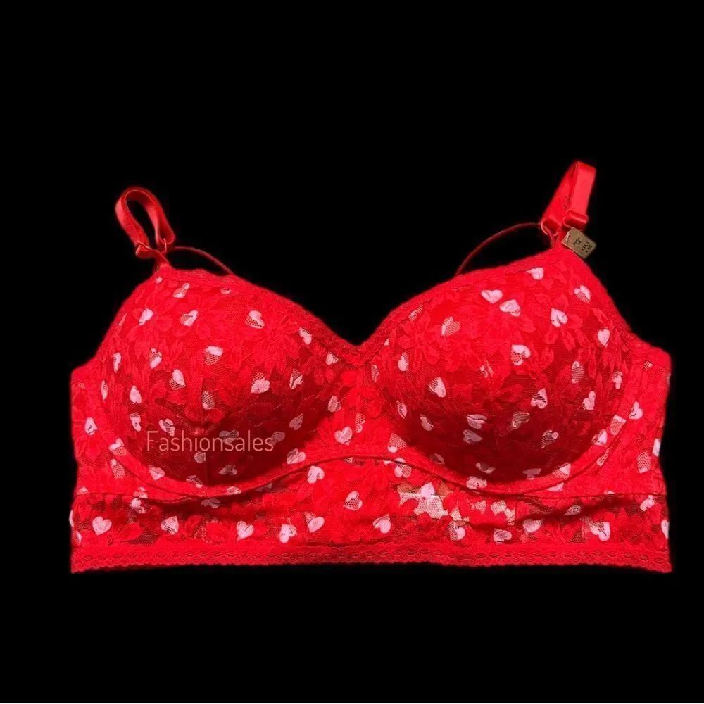 Victoria’s Secret PINK Lace bralette Push up Padding Underwire bra red / hearts